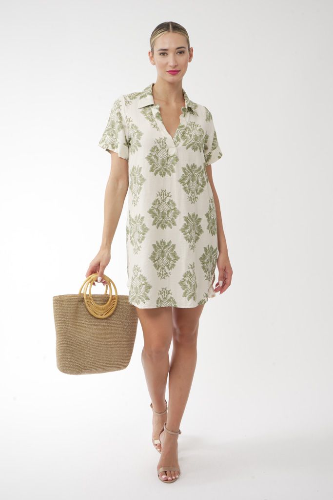 Boho white and olive green dress