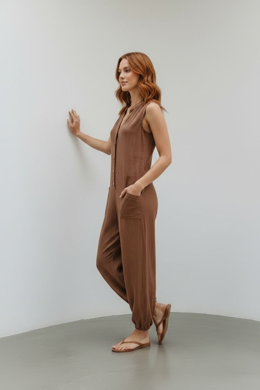brown, moscato,jumpsuit