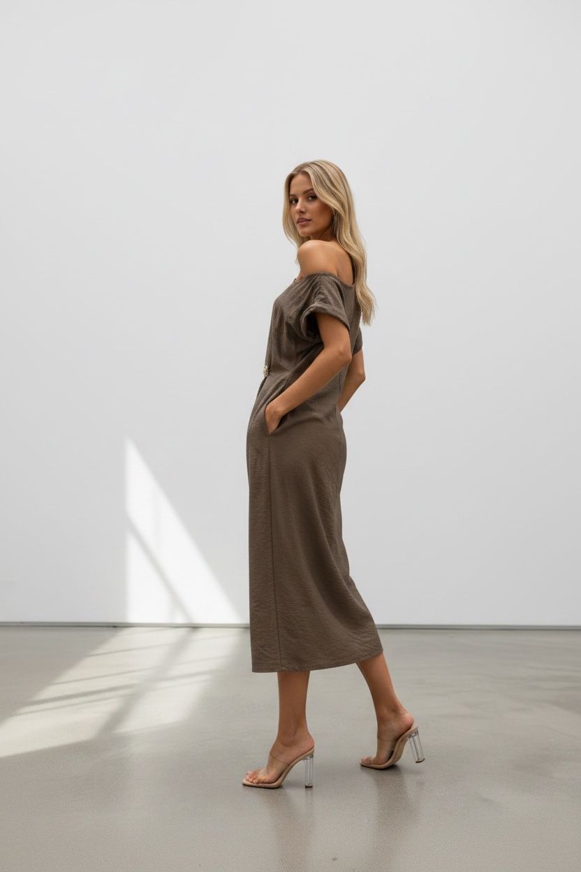 Elora ,Off-Shoulder, Midi Dress , Earth