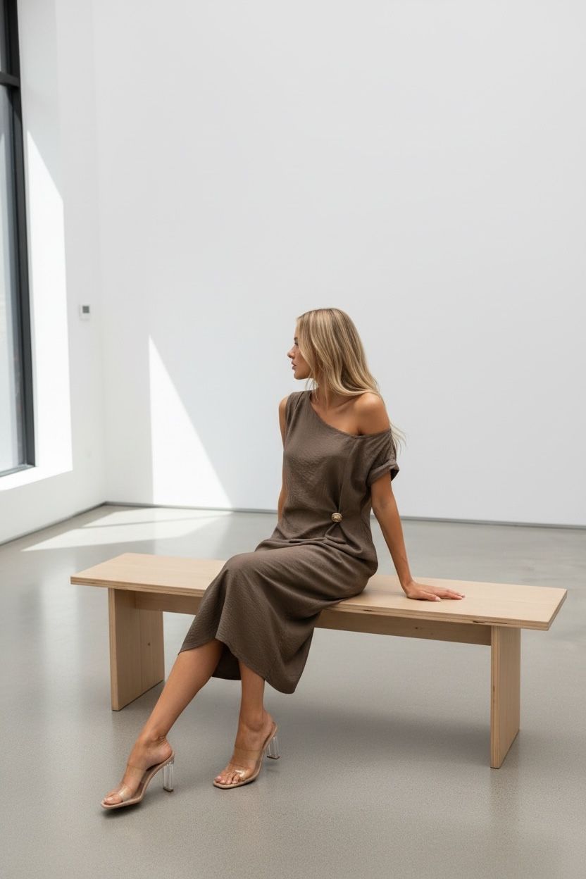 Elora ,Off-Shoulder, Midi Dress , Earth